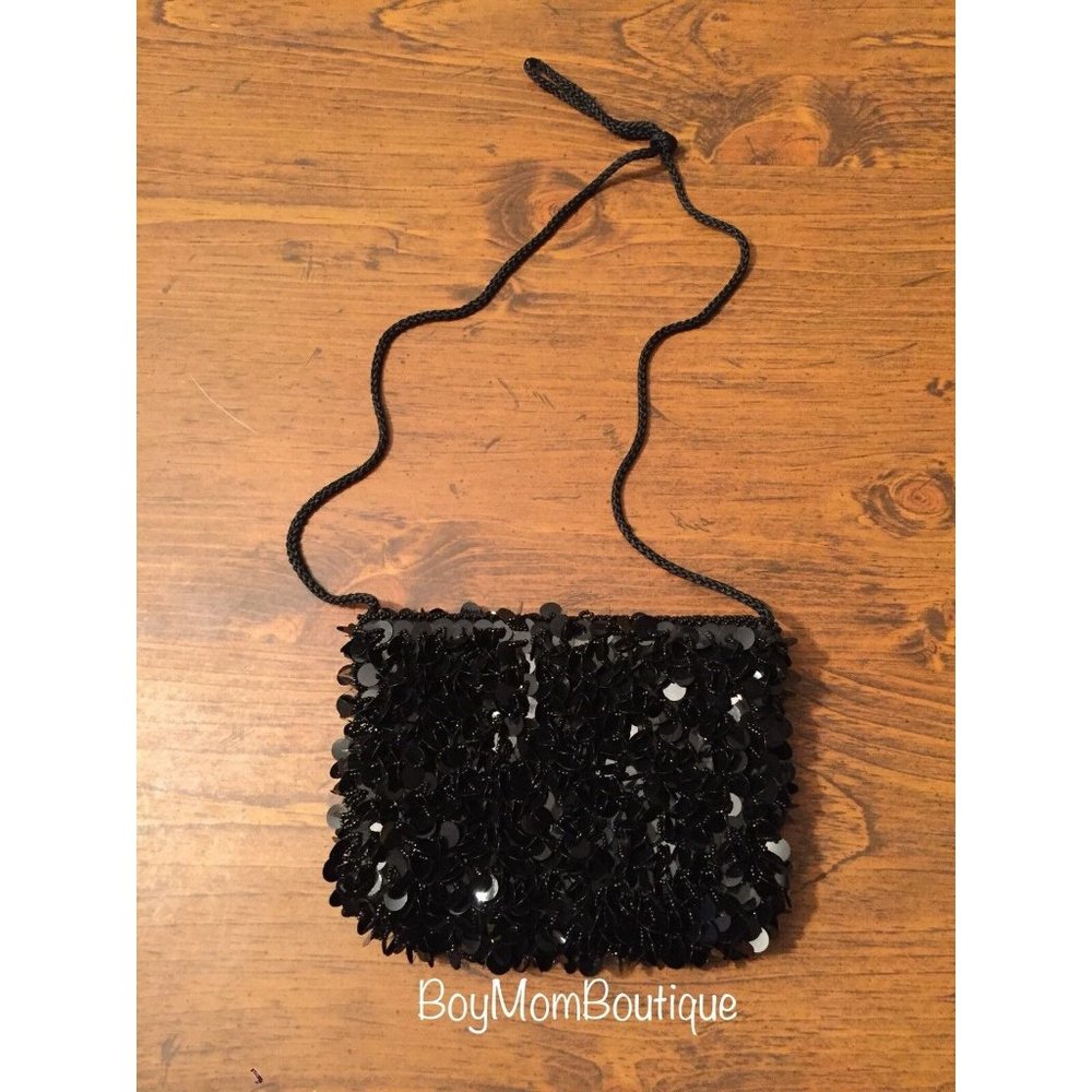 Black Sequined Cross-body Evening Bag - Elegant Cocktail Purse - Formal Attire